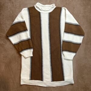 Vintage 80s Striped Color Block Tunic Sweater Brown White Mock Neck Knit Retro